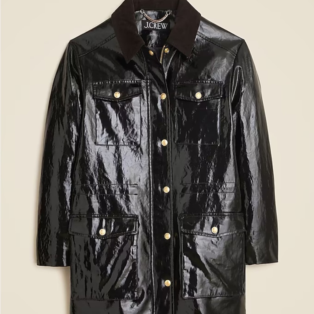 J. Crew Black Patent Utility Jacket with Corduroy Collar